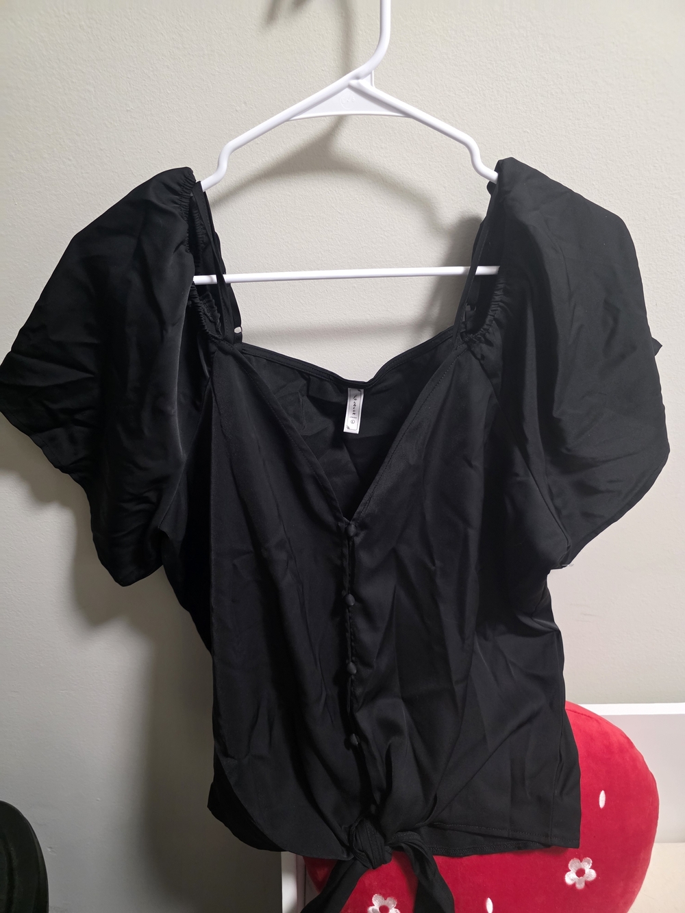 Black Puff Sleeve Tie-Front Top